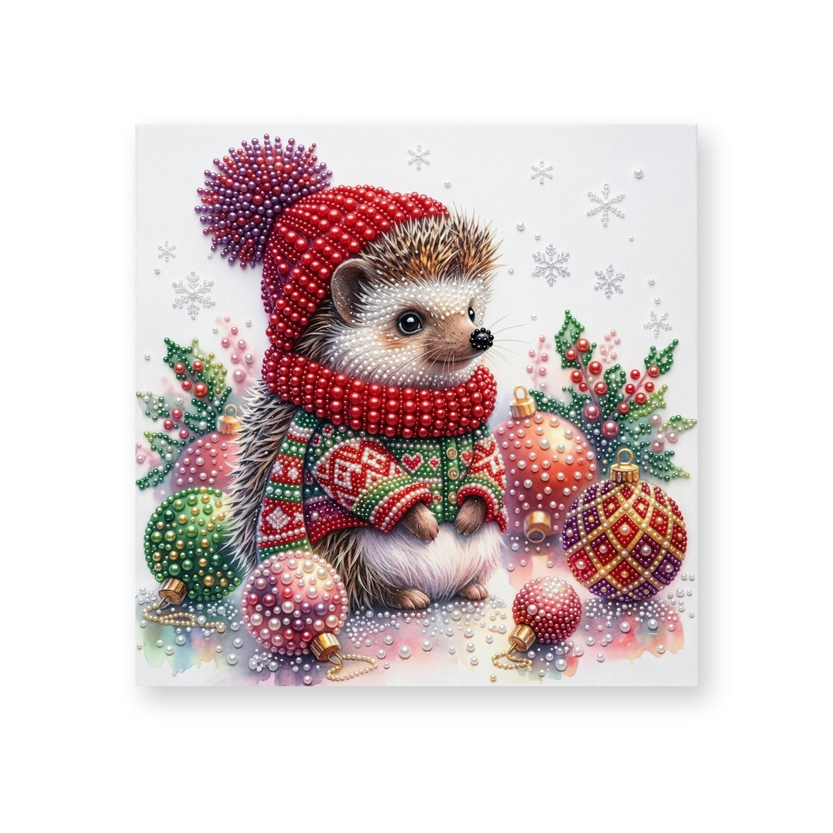 Hedgehog in a Christmas Sweater with Ornaments