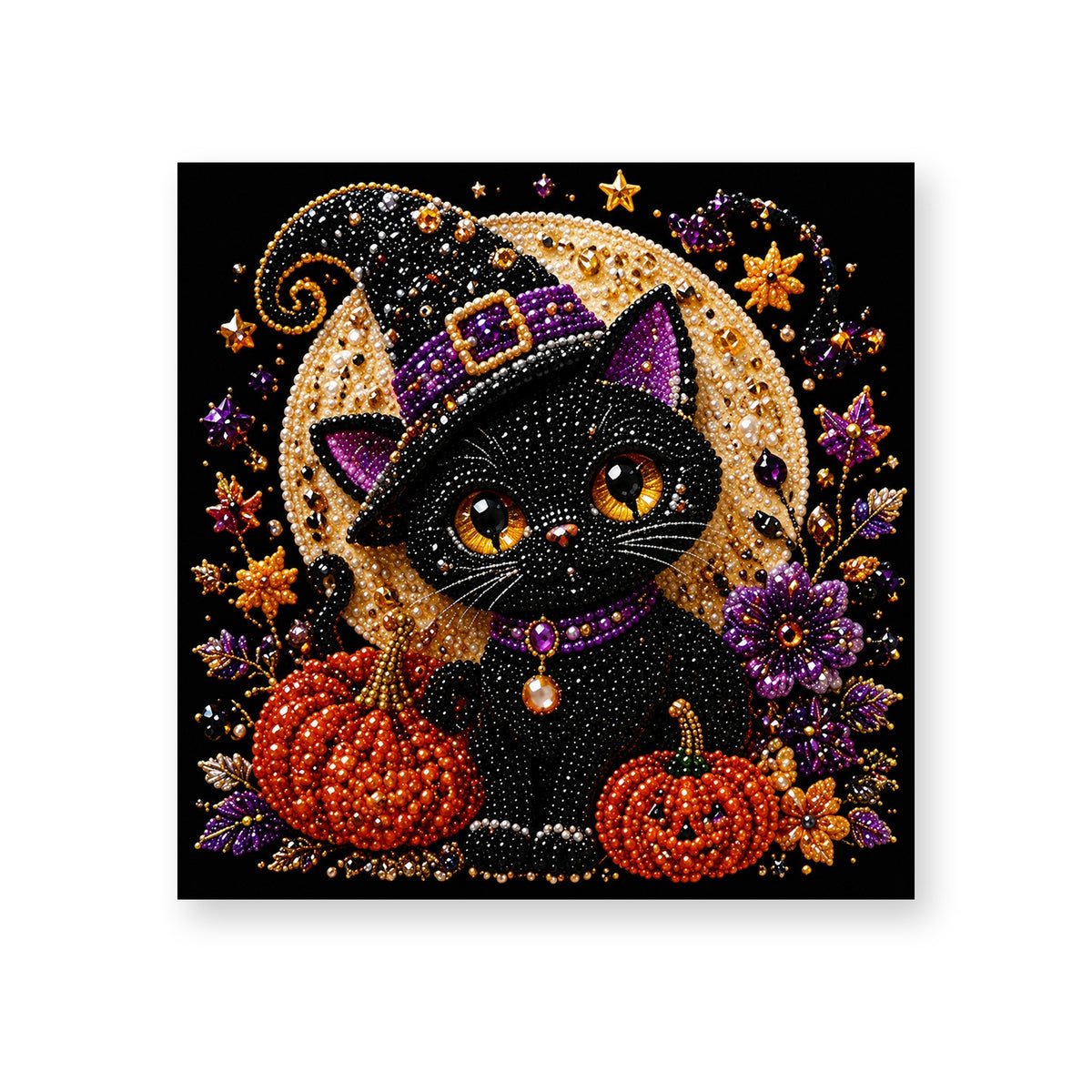 Black Witch Kitten beneath a Golden Moon