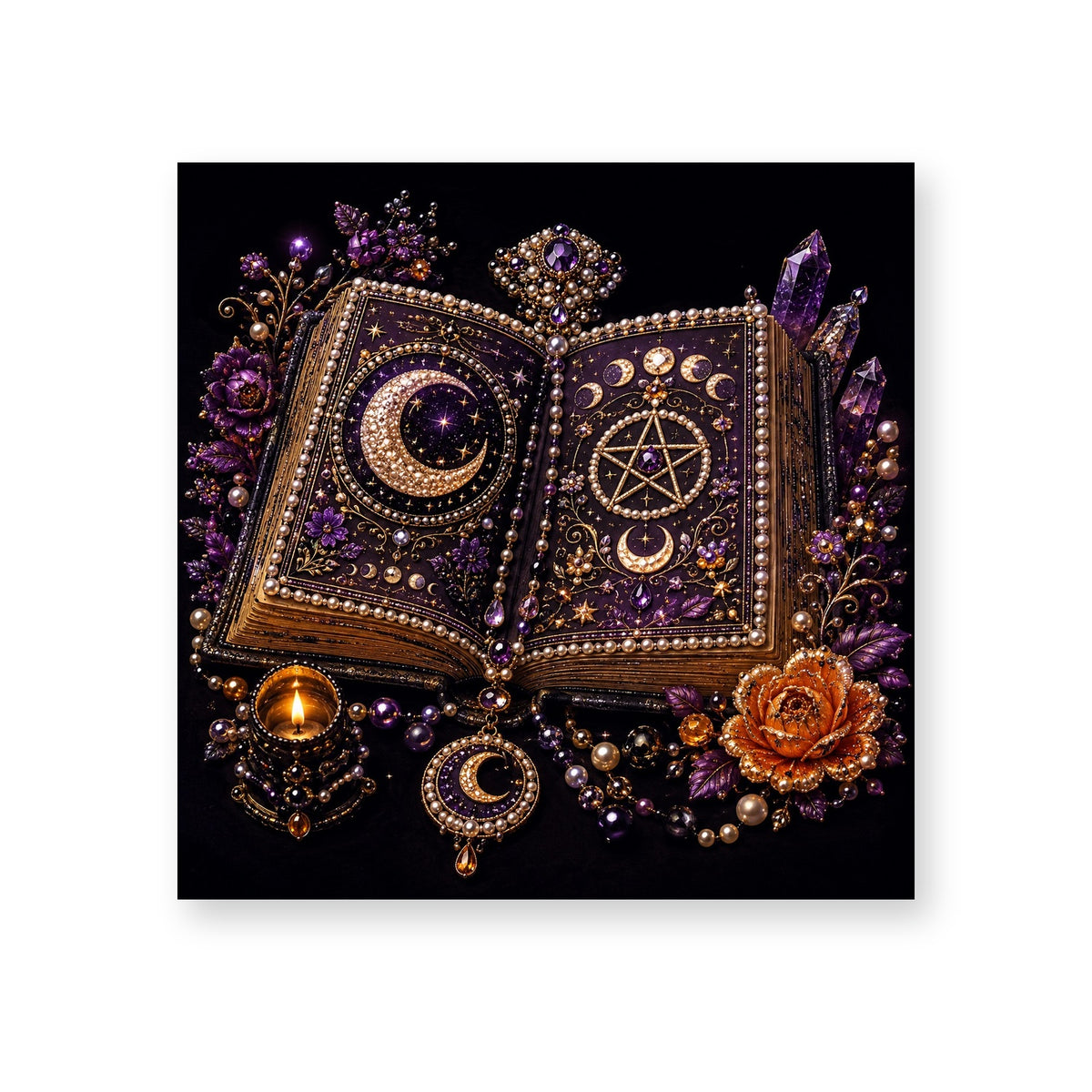 Open Spell Book with Purple Jewels and Moon Symbols