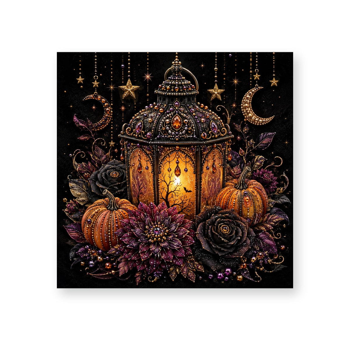 Glowing Gothic Lantern with Pumpkins and Dark Flowers