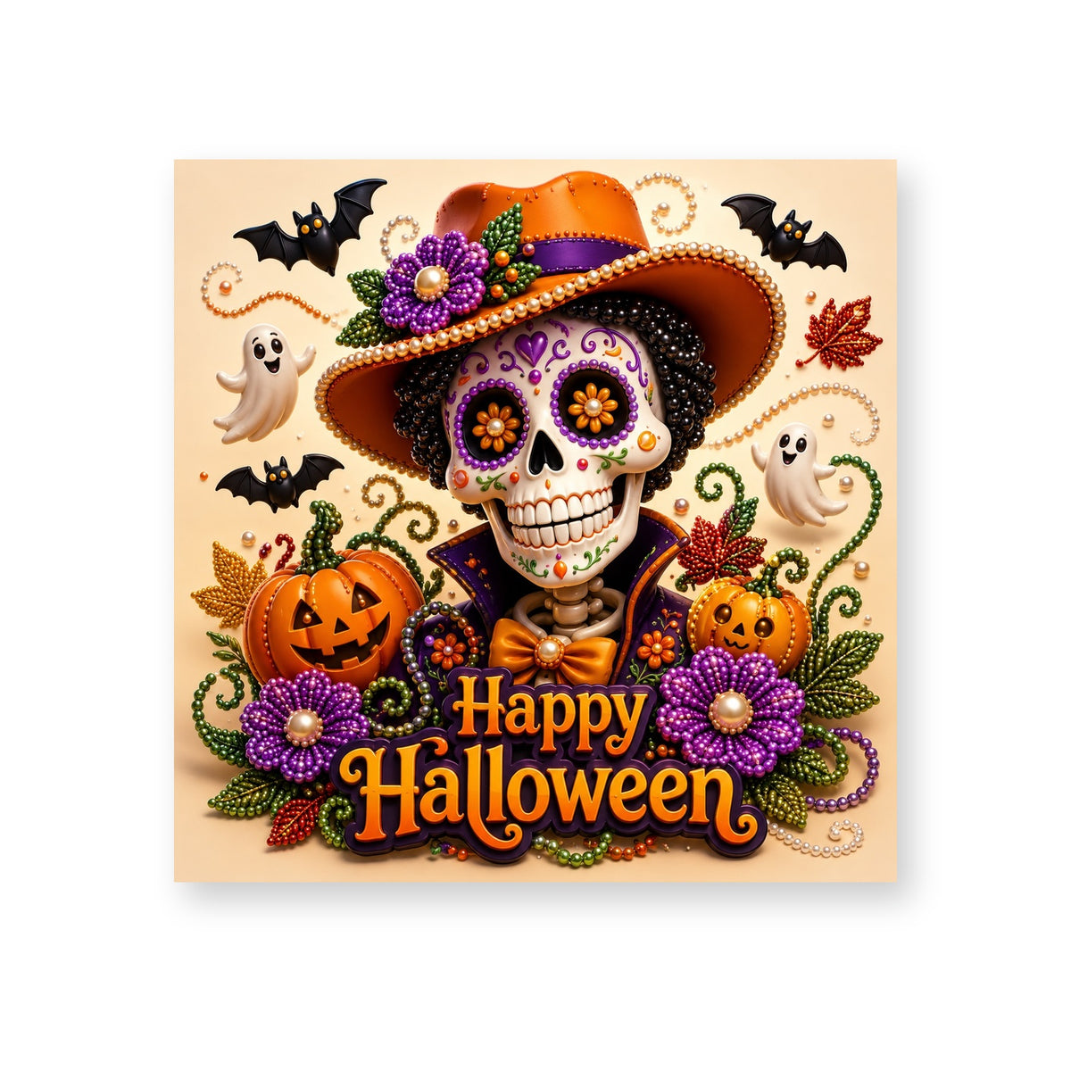 Happy Halloween Skeleton in an Orange Hat