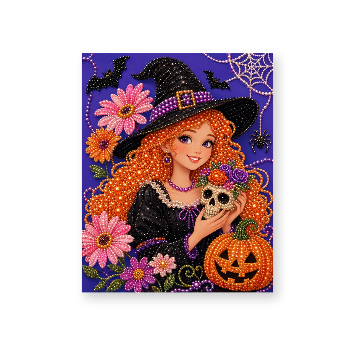 Smiling Red-Haired Witch with a Little Skull