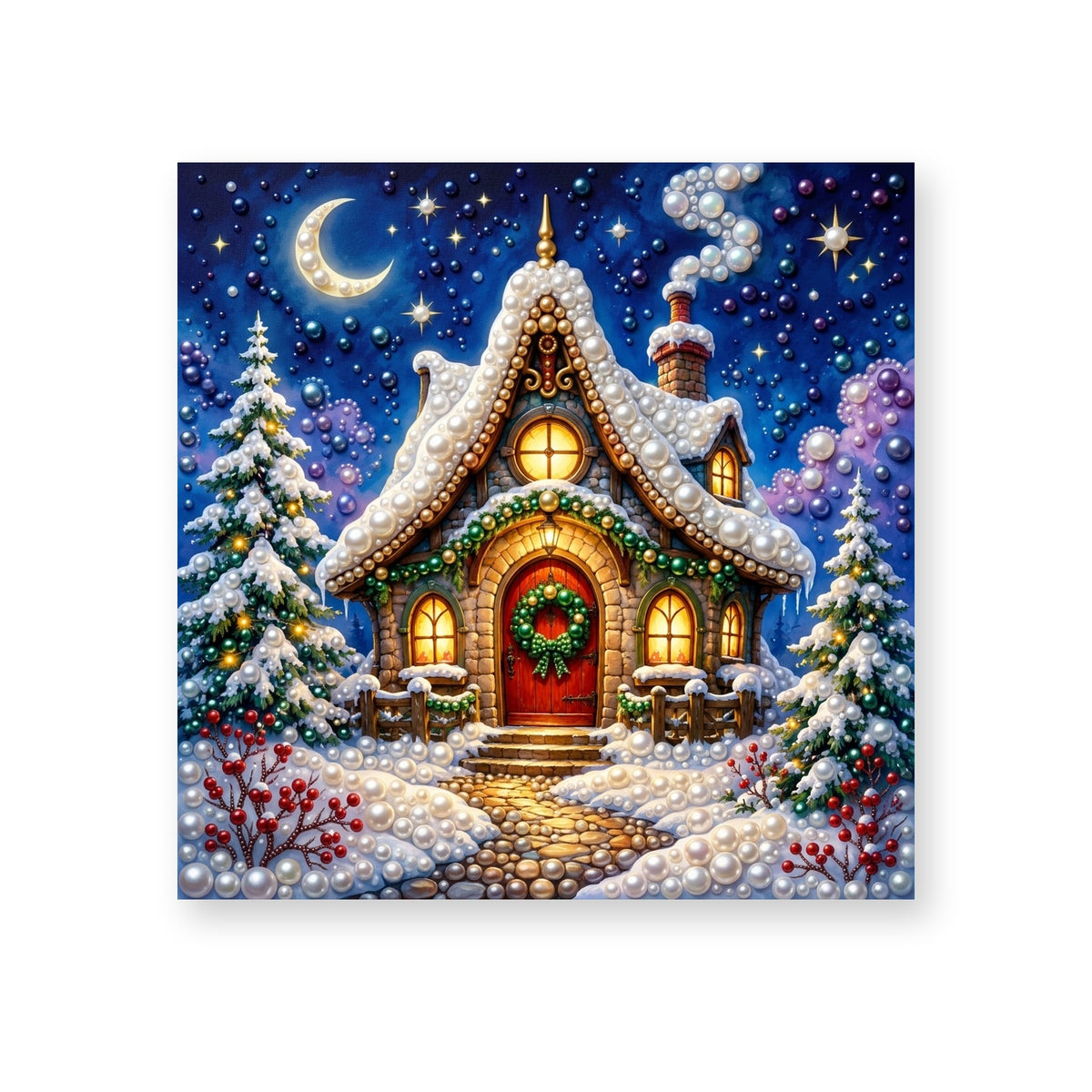 Snowy Christmas Cottage beneath a Crescent Moon