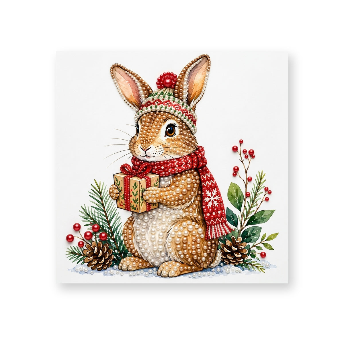 Christmas Rabbit Carrying a Green Gift