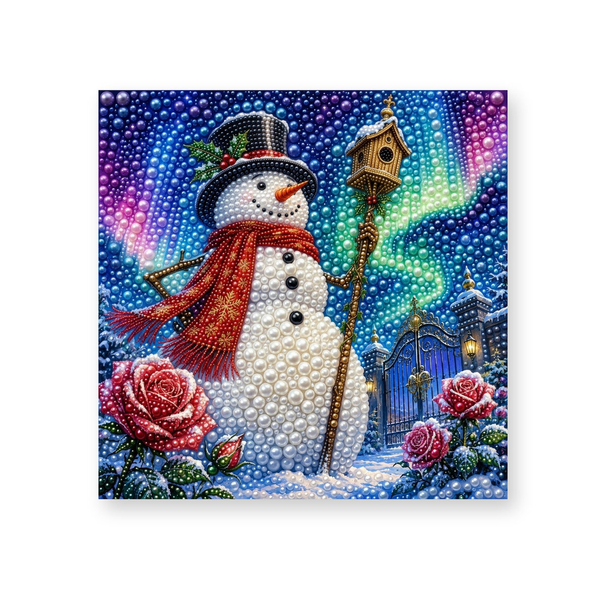 Snowman with a Birdhouse beneath the Aurora