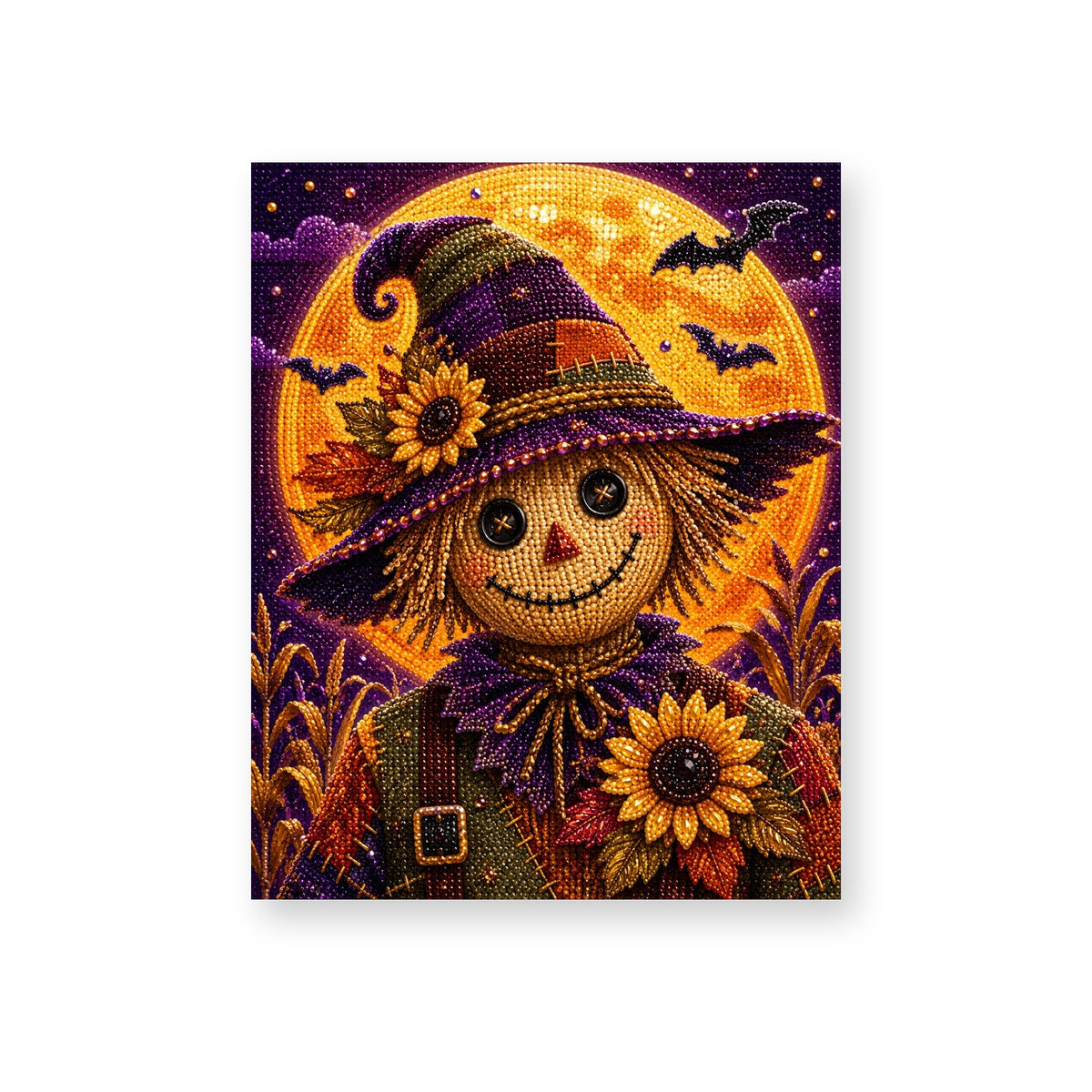 Smiling Scarecrow with Sunflowers Under an Orange Moon