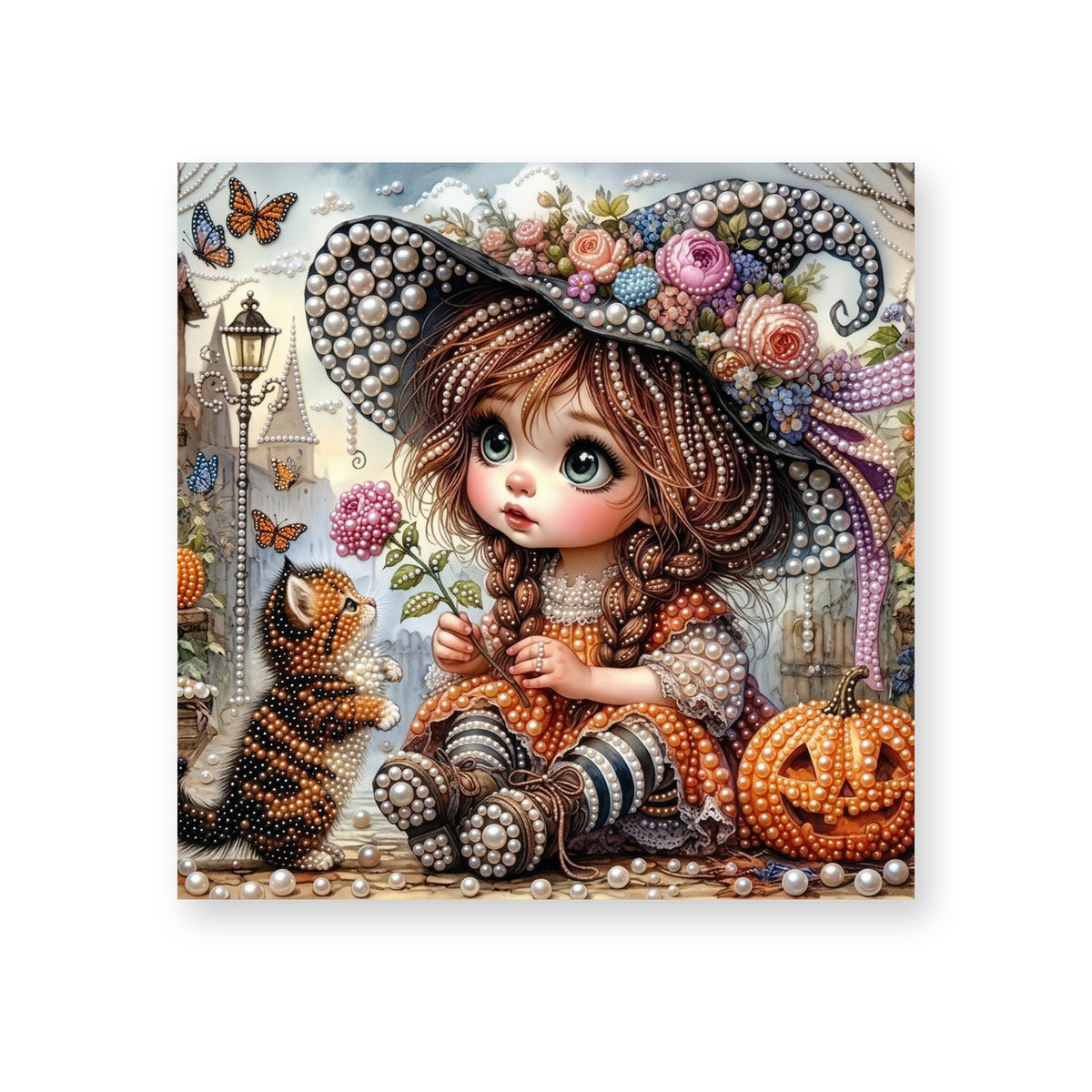 Little Floral-Hat Witch with a Tabby Kitten