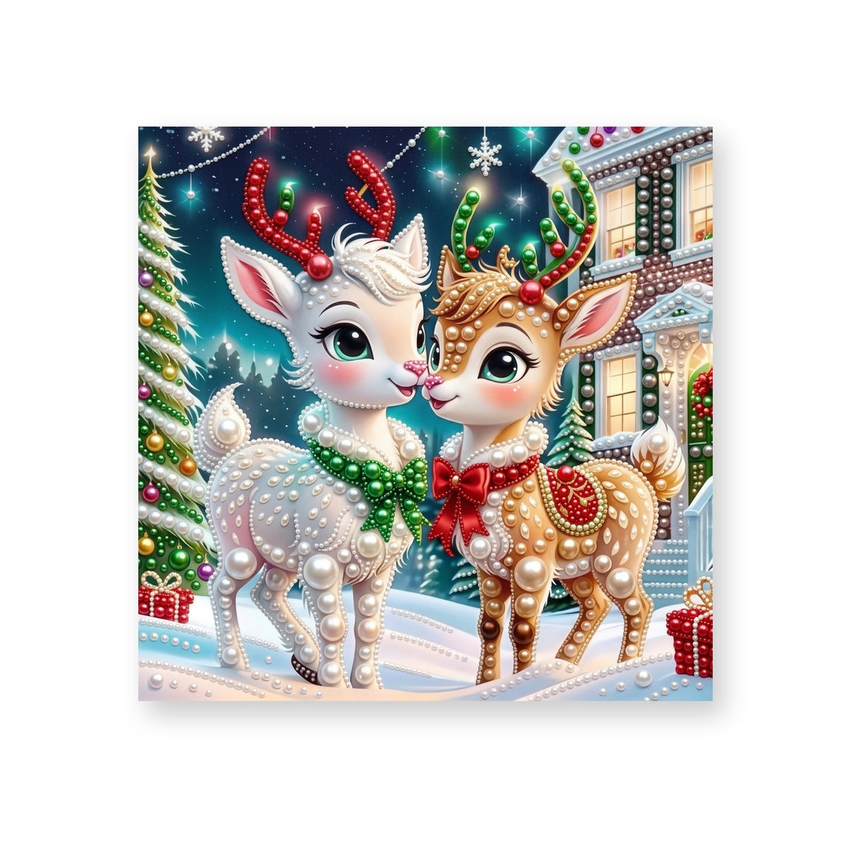 Two Festive Fawns in a Snowy Village