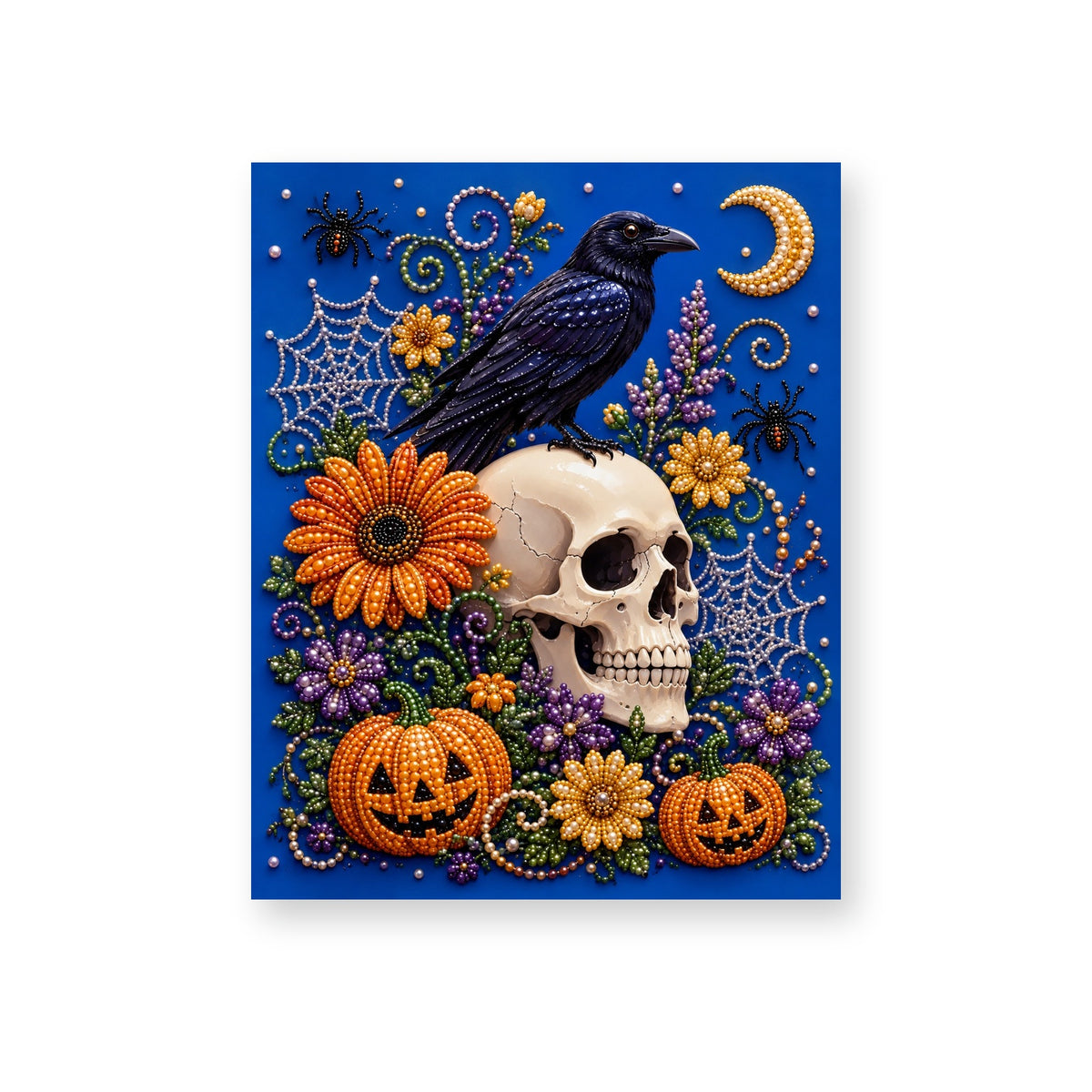 Raven on a Skull with Autumn Flowers