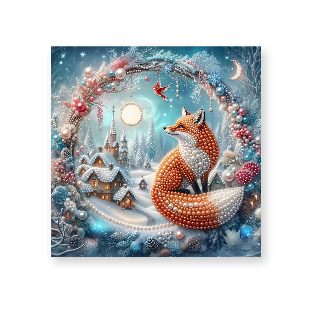 Winter Fox in a Moonlit Village Wreath