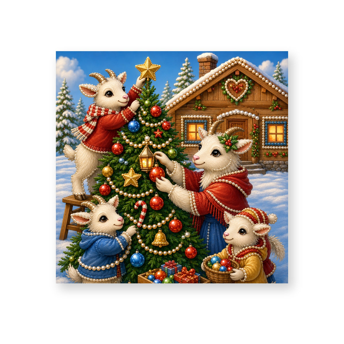Christmas Goats Decorating a Chalet Tree