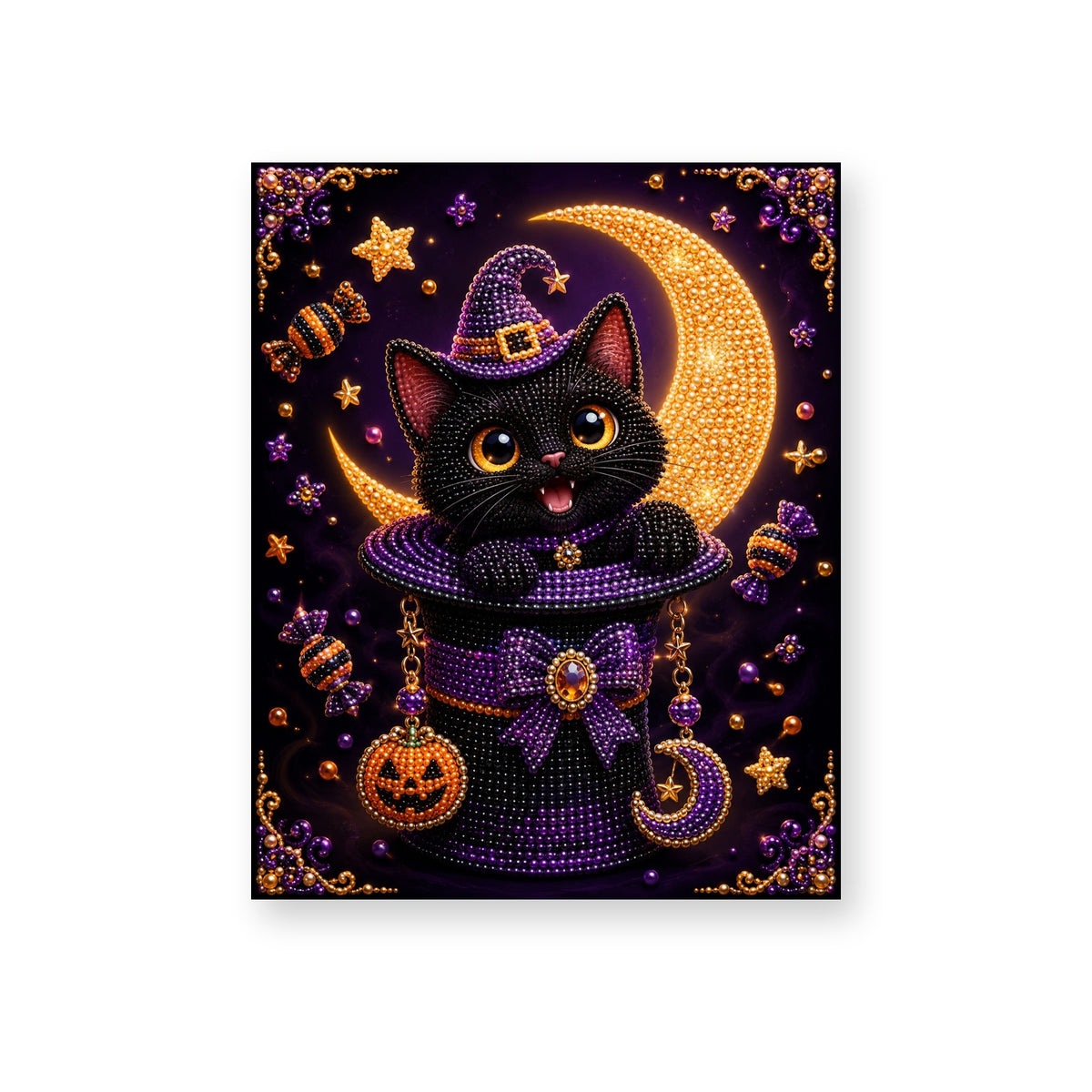 Black Cat in a Purple Witch Hat with Pumpkin Charms