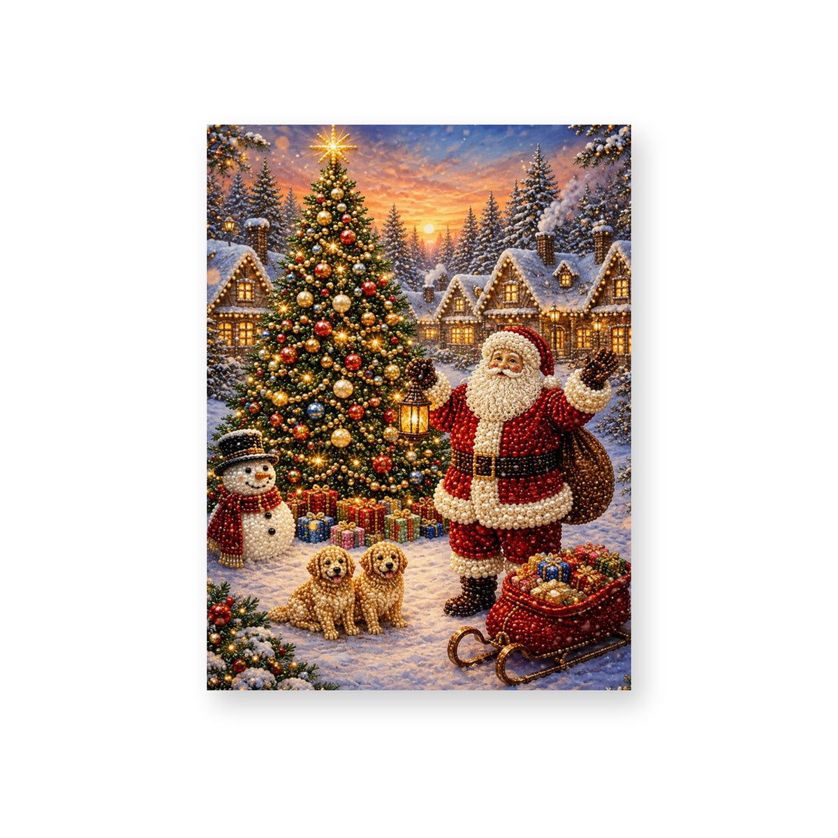 Santa and Puppies Beside a Village Christmas Tree