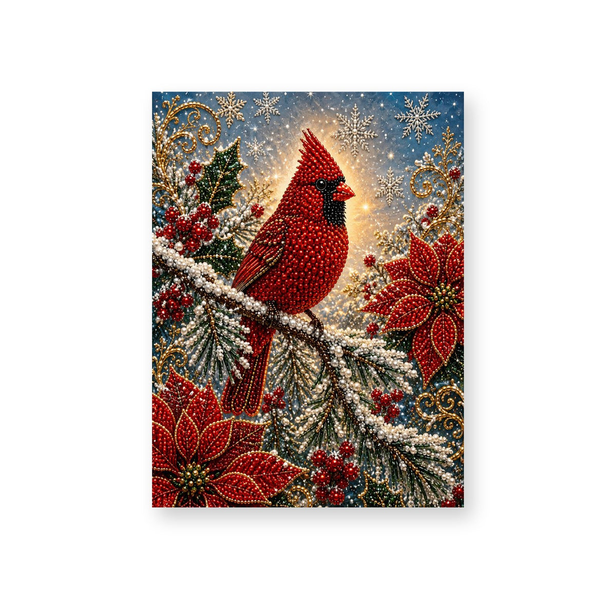 Red Cardinal Among Poinsettias and Snowy Branches