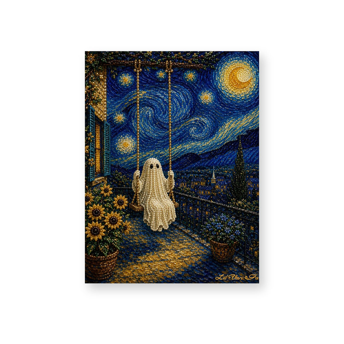 Ghost on a Swing Beneath a Swirling Night Sky