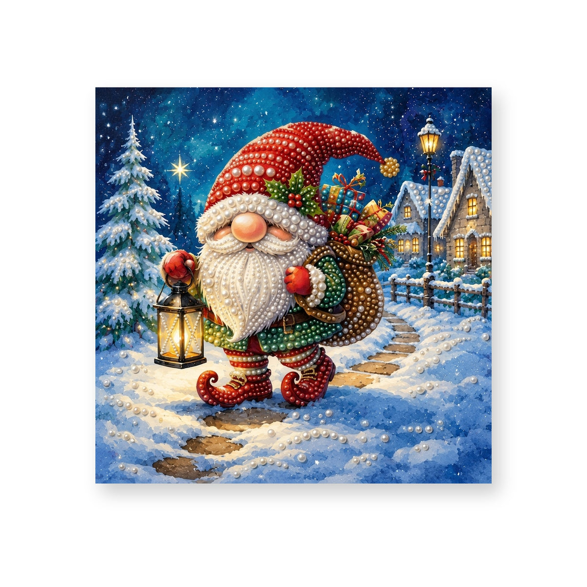 Christmas Gnome on a Snowy Village Walk