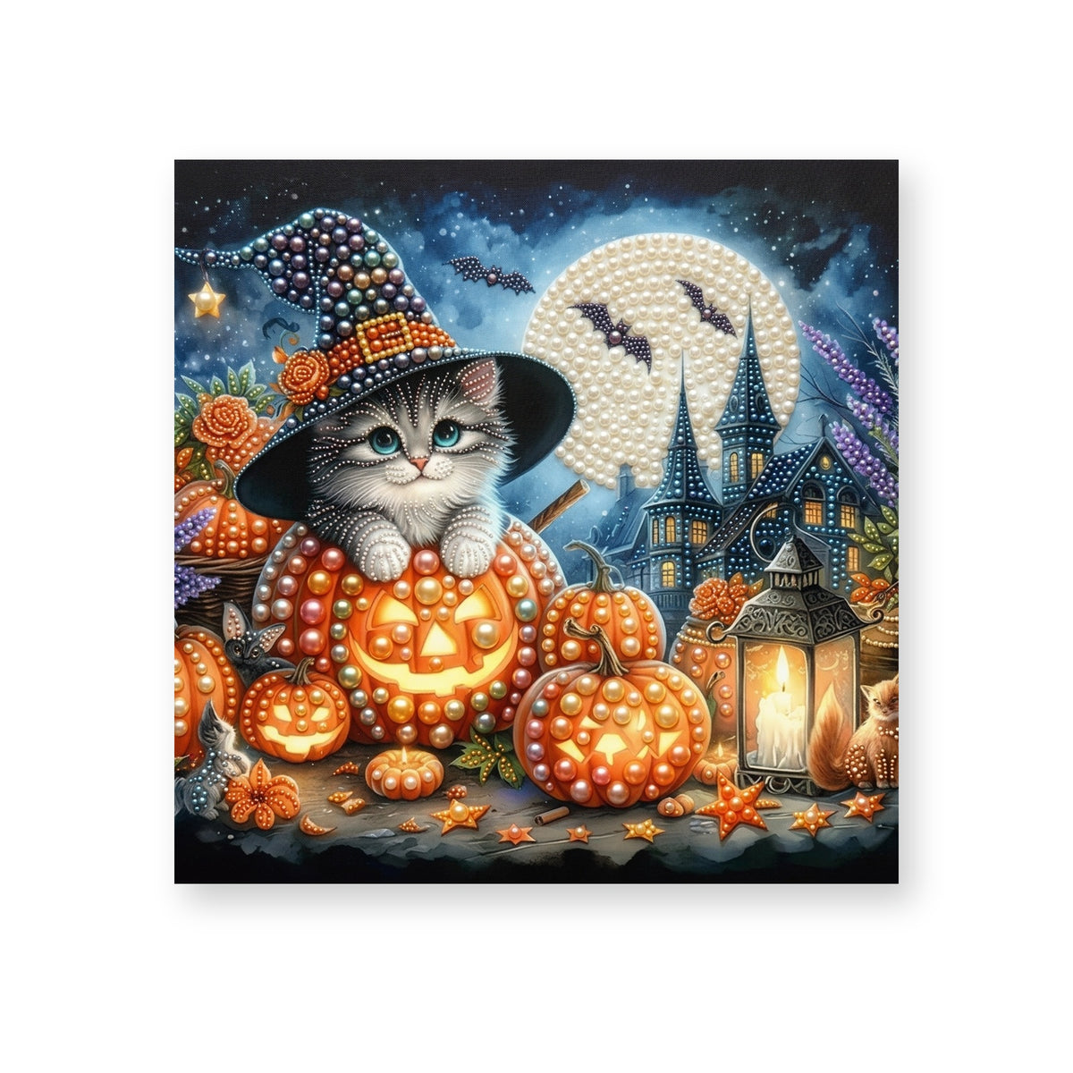 Witch Kitten among Glowing Pumpkin Lanterns