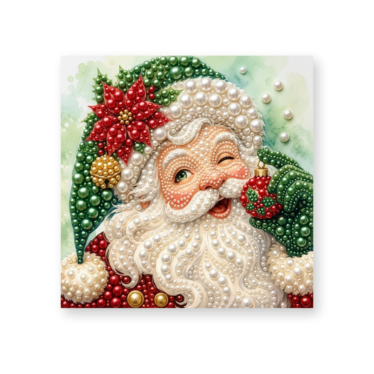 Green-Hatted Santa with a Red Poinsettia