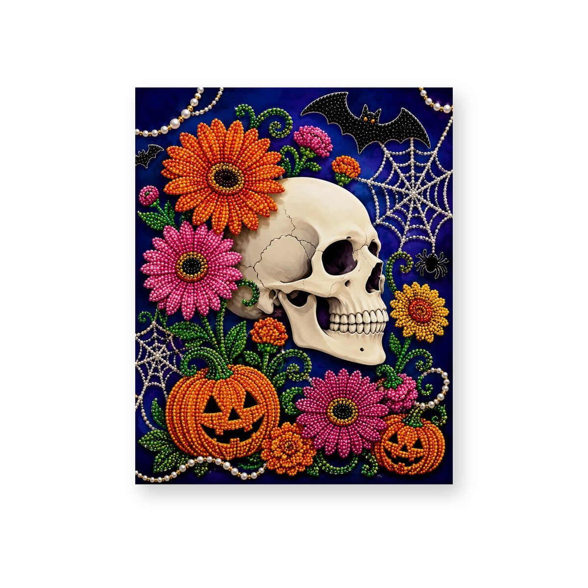 Floral Skull with Pink Blossoms and Pumpkins