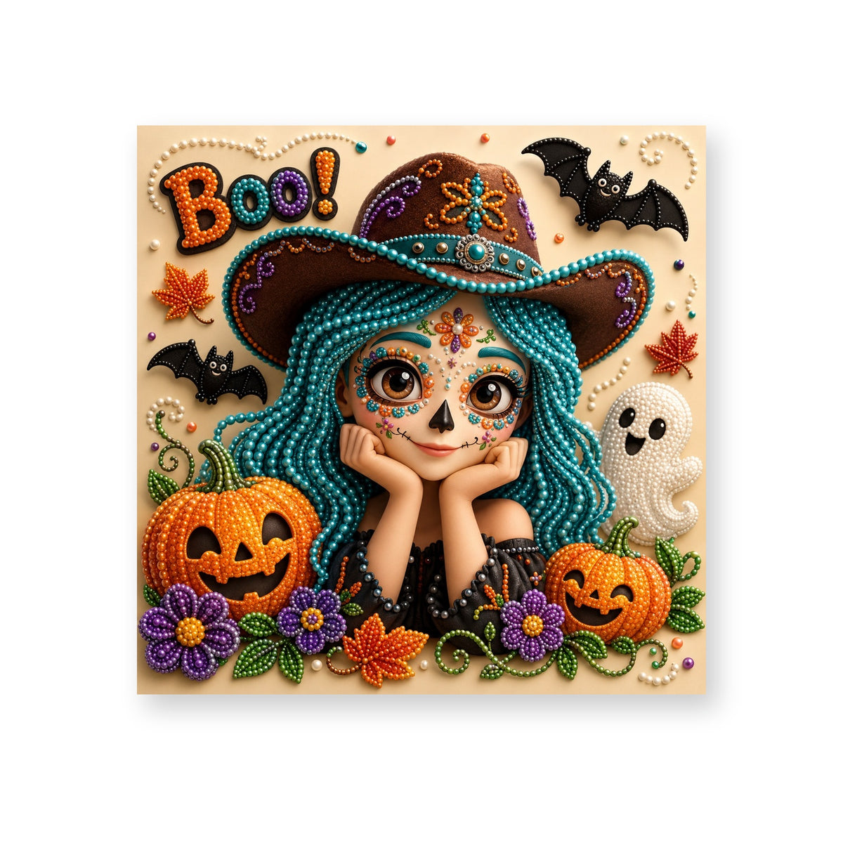 Boo Sugar Skull Girl in a Teal Witch Hat