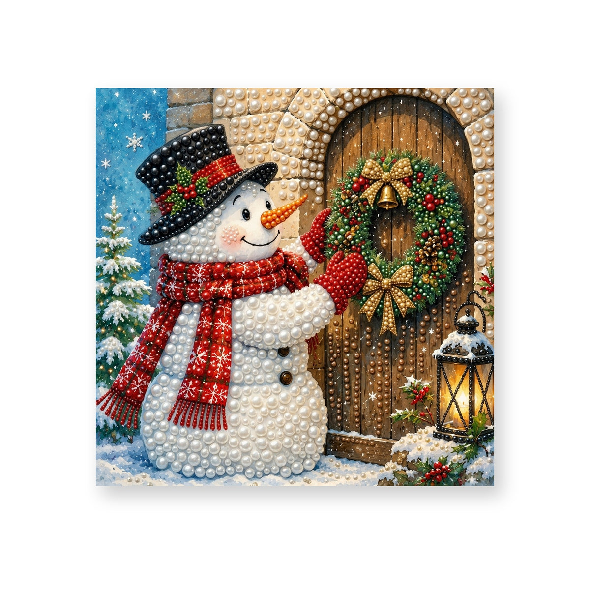 Snowman Hanging a Christmas Wreath
