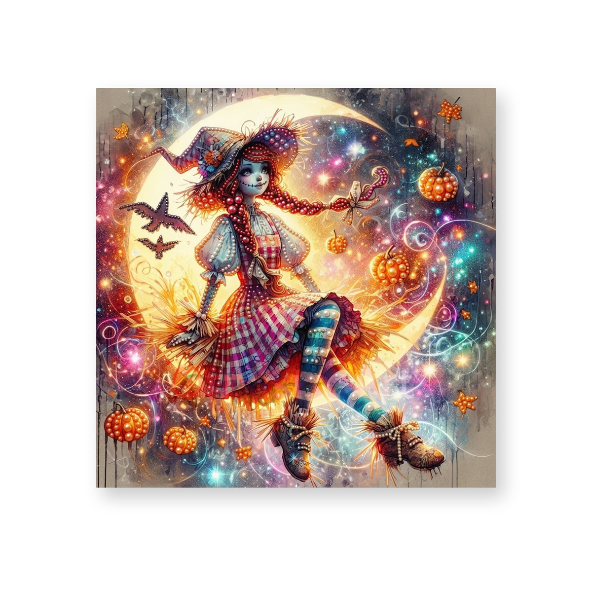 Patchwork Witch on a Glowing Crescent Moon