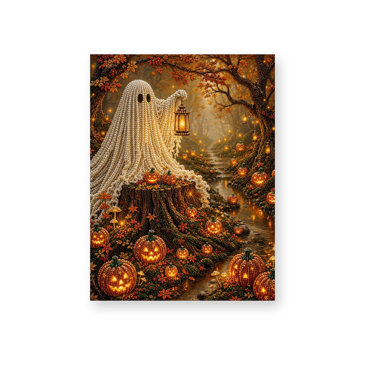 Forest Ghost with a Lantern and Glowing Pumpkins