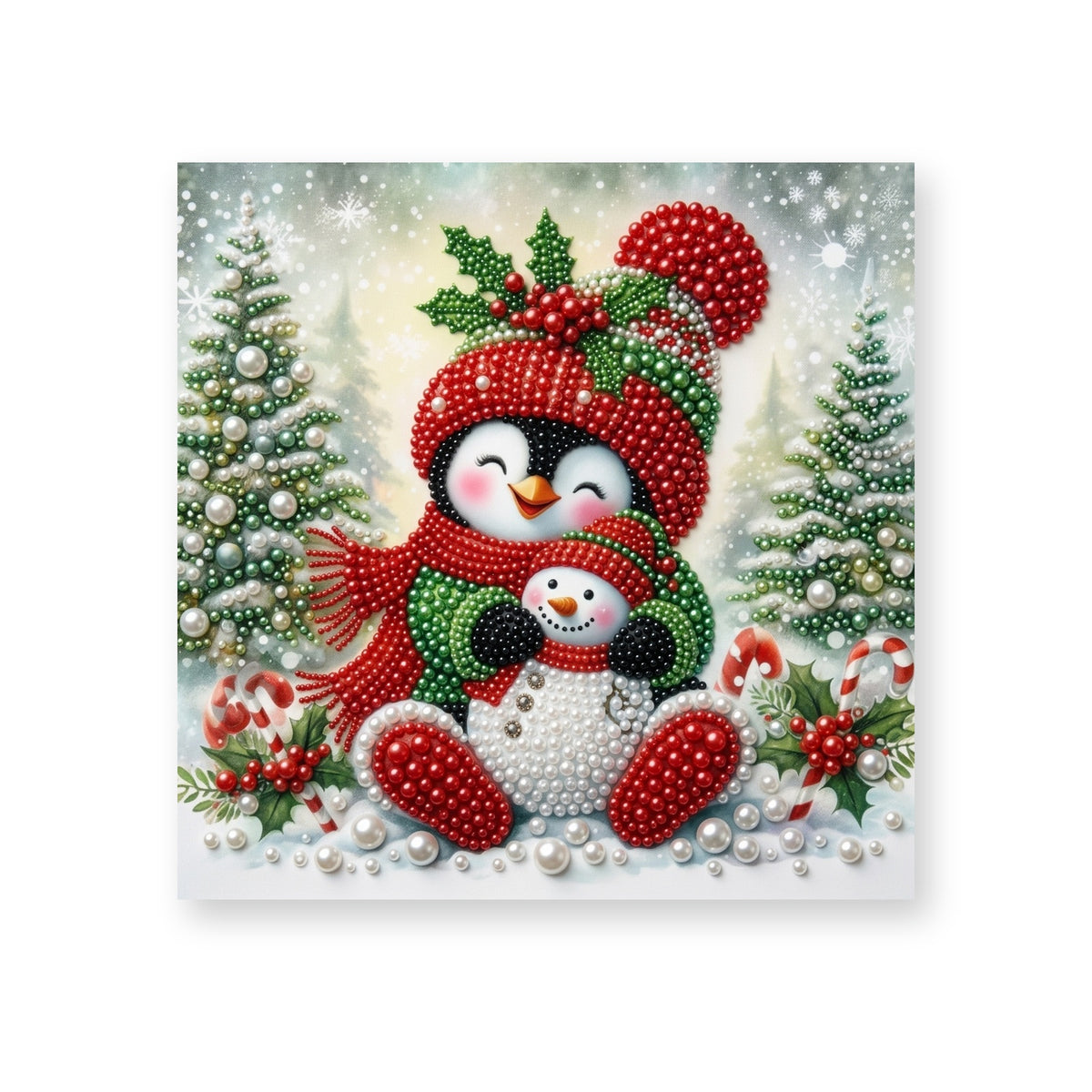 Penguin Cuddling a Little Snowman at Christmas
