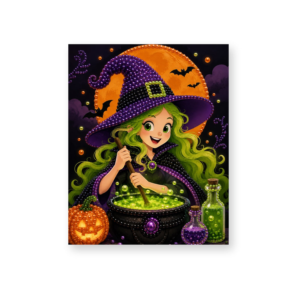 Green-Haired Witch Stirring a Cauldron