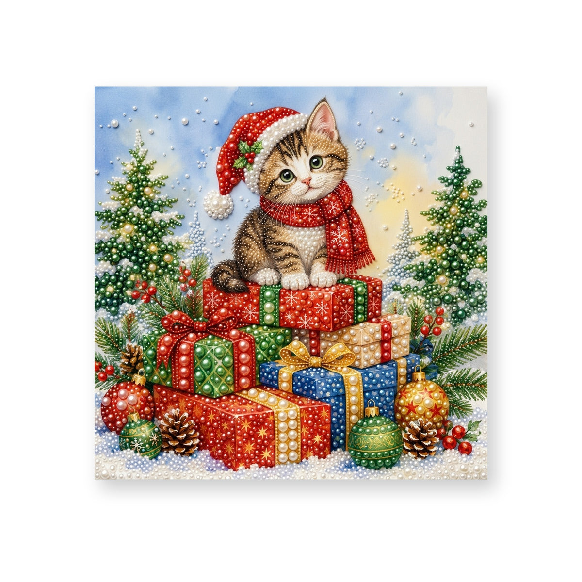 Santa-Hat Kitten atop Christmas Presents