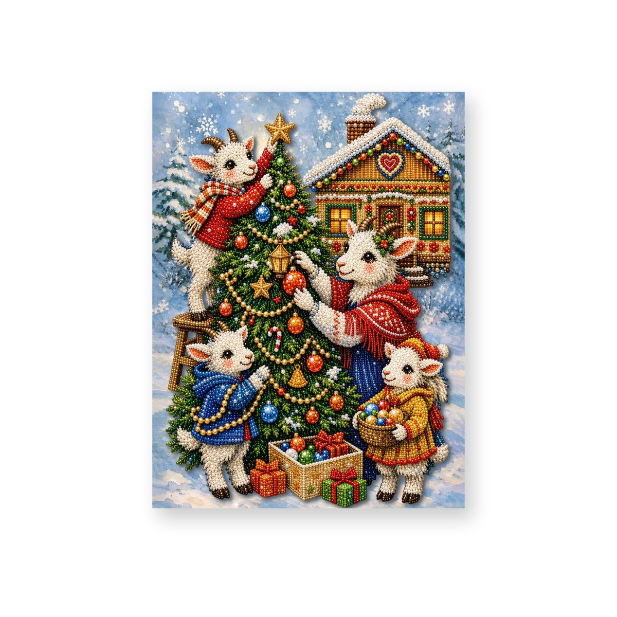 Little Lambs Decorating a Christmas Tree