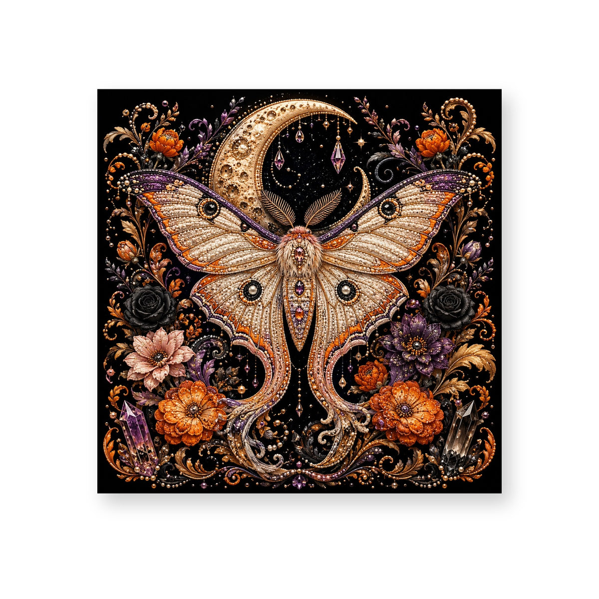 Golden Moth Beneath a Crescent Moon and Autumn Flowers