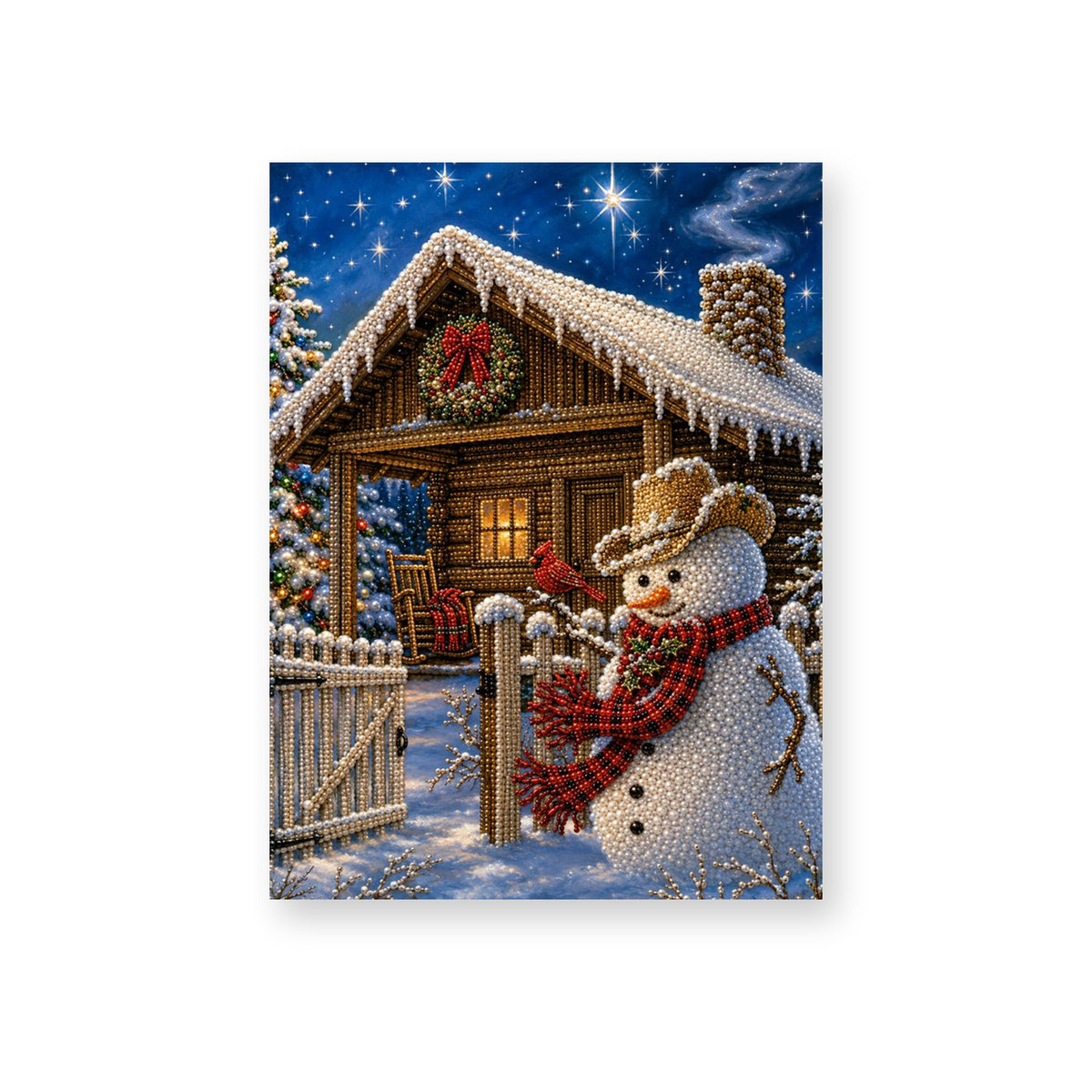 Snowman in a Cowboy Hat Beside a Christmas Cabin