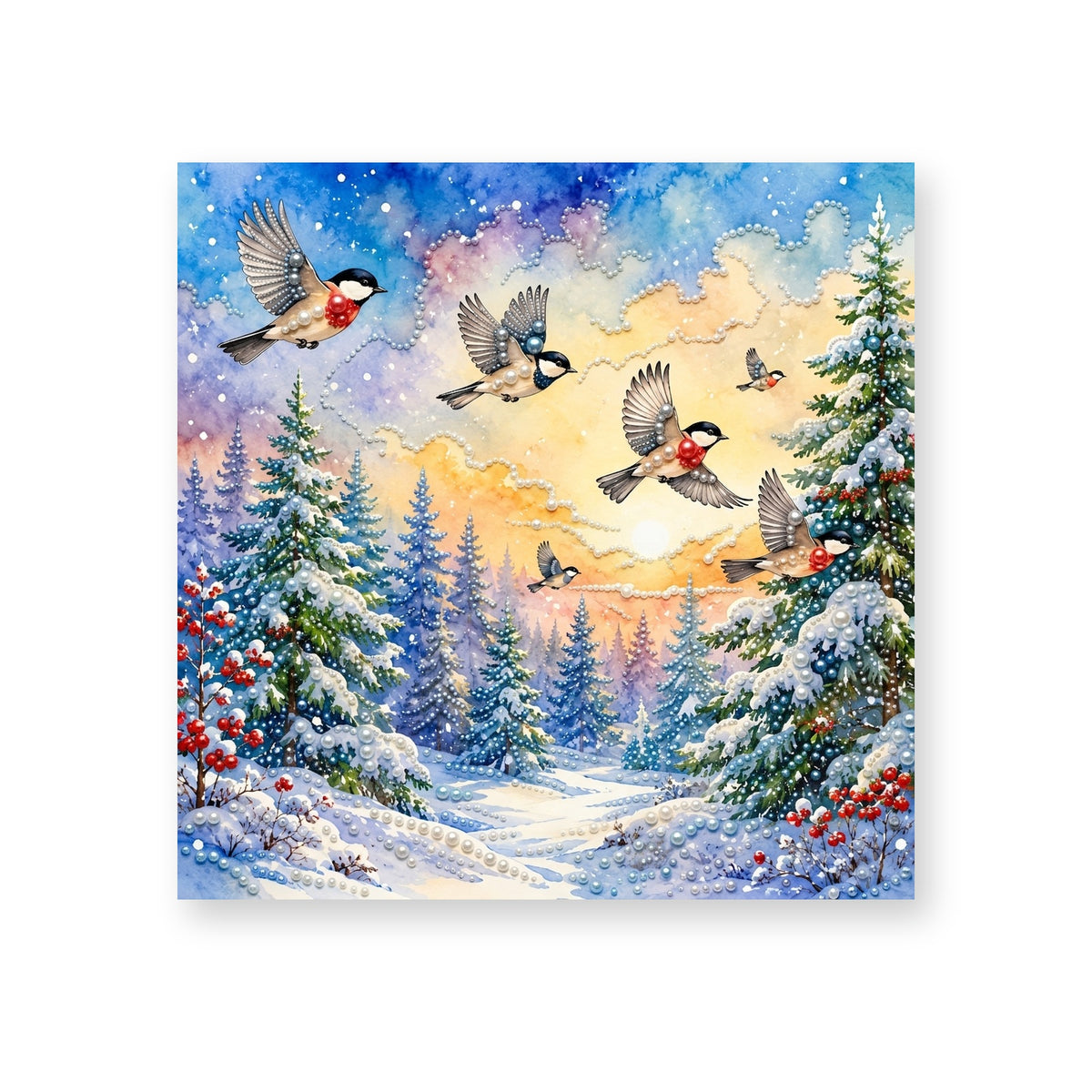 Winter Birds over a Snowy Forest Path