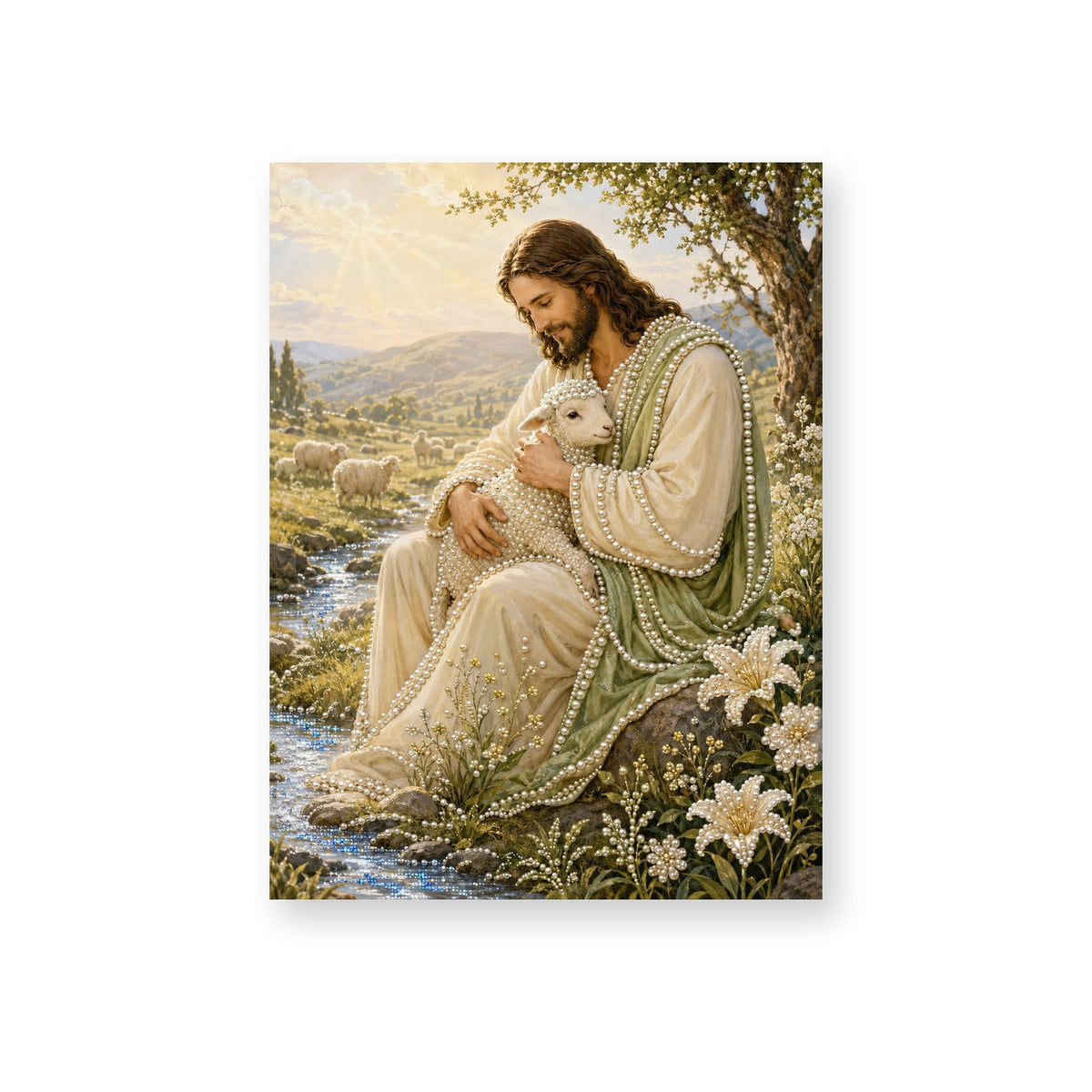 Jesus Holding a Lamb Beside a Peaceful Stream
