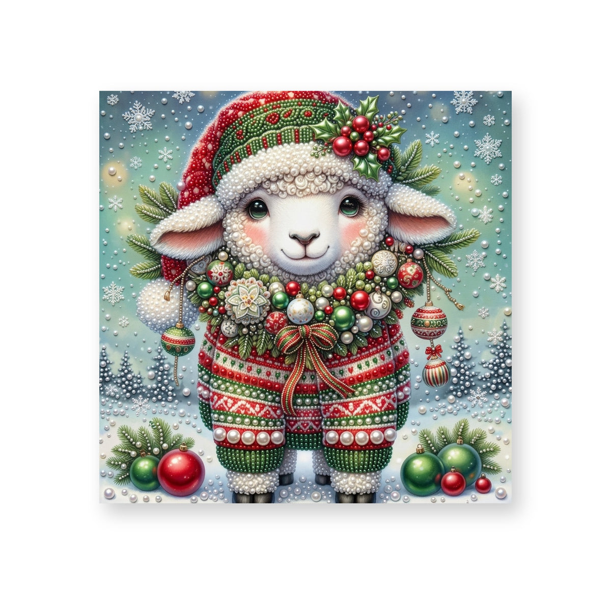 Little Lamb in a Christmas Hat and Festive Sweater