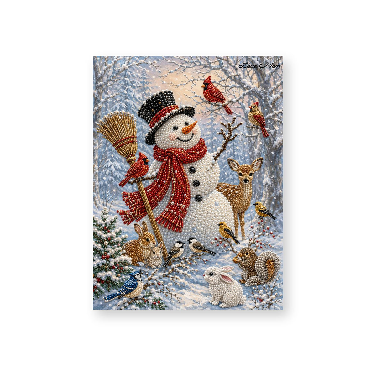 Woodland Snowman with Cardinals and Forest Friends