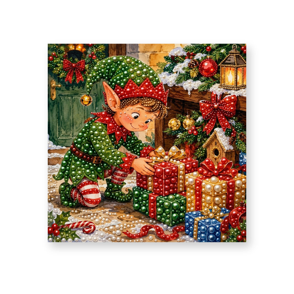 Christmas Elf Wrapping a Red Present