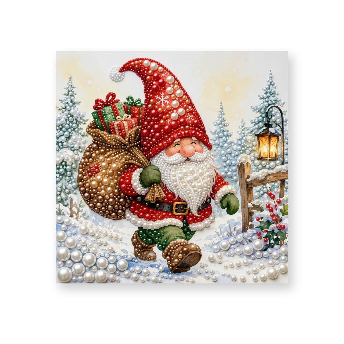 Christmas Gnome Carrying Gifts through the Snow