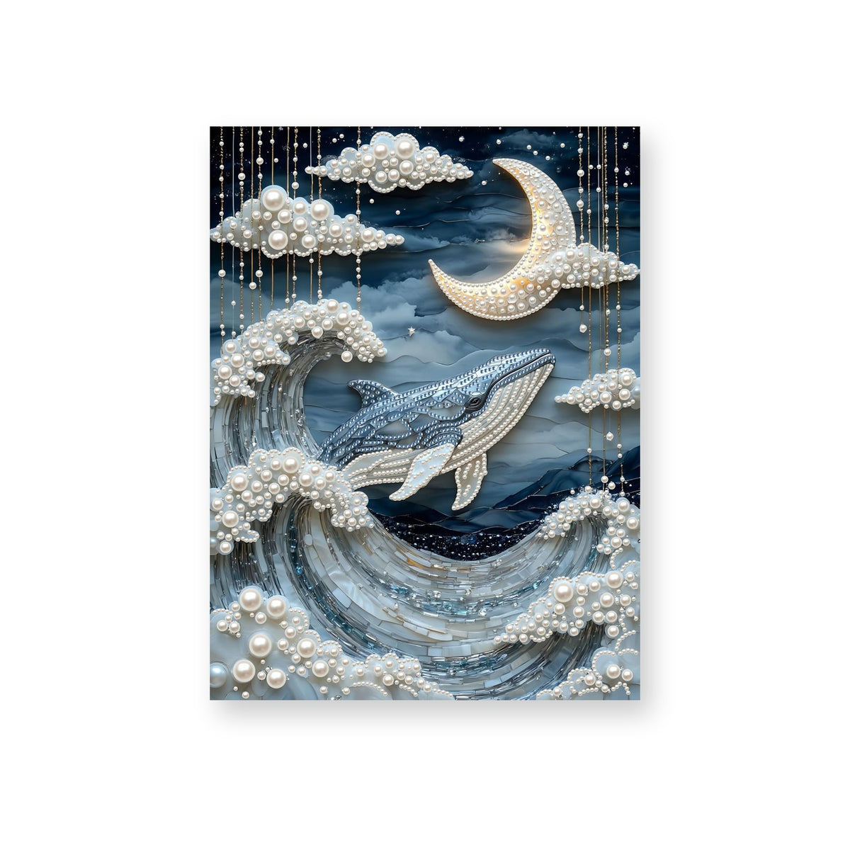 Whale Rising Through Moonlit Pearl Waves