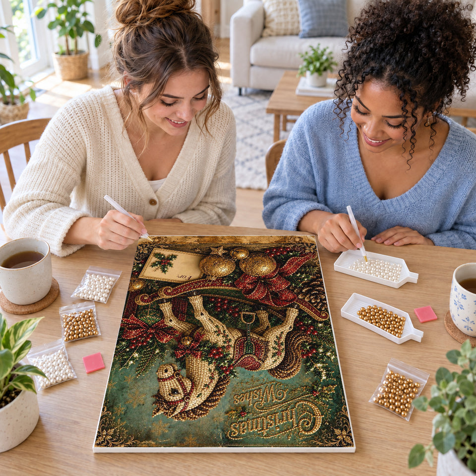 Two friends creating one shared Pearl artwork — Vintage Rocking Horse and Christmas Wishes. Pearl diamond painting DIY kit by Isuvio.