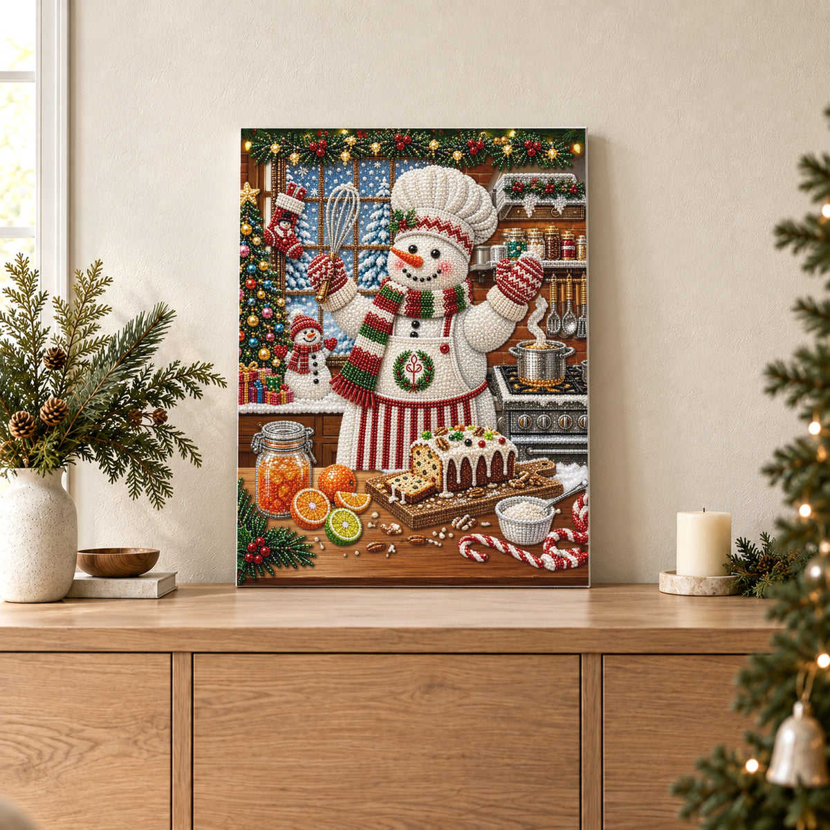 Bonhomme de neige pâtissier dans une cuisine de Noël