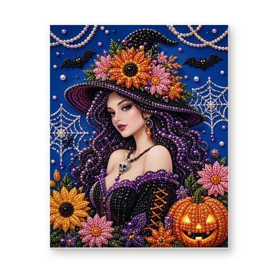 Straight dimensional white-background mockup of the complete artwork — Purple-Haired Witch among Autumn Flowers. Pearl diamond painting DIY kit by Isuvio.