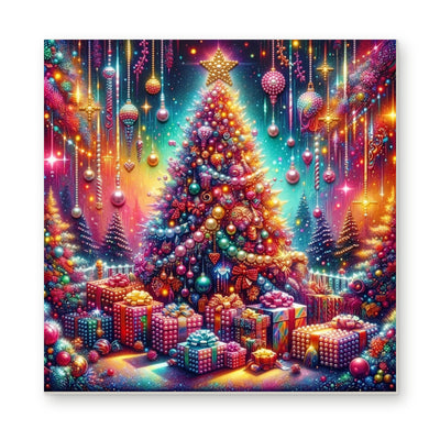 Straight dimensional white-background mockup of the complete artwork — Rainbow Christmas Tree on a Starry Night. Pearl diamond painting DIY kit by Isuvio.