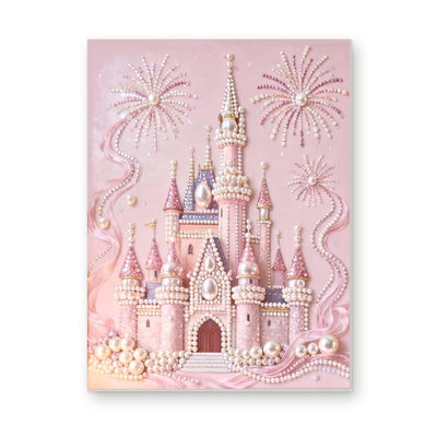Straight dimensional white-background mockup of the complete artwork — Pink Fairytale Castle Fireworks. Pearl diamond painting DIY kit by Isuvio.