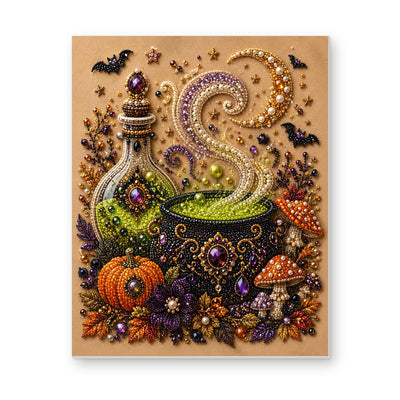Straight dimensional white-background mockup of the complete artwork — Green Potion Cauldron with Mushrooms and Pumpkins. Pearl diamond painting DIY kit by Isuvio.