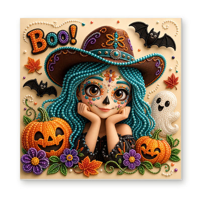 Straight dimensional white-background mockup of the complete artwork — Boo Sugar Skull Girl in a Teal Witch Hat. Pearl diamond painting DIY kit by Isuvio.