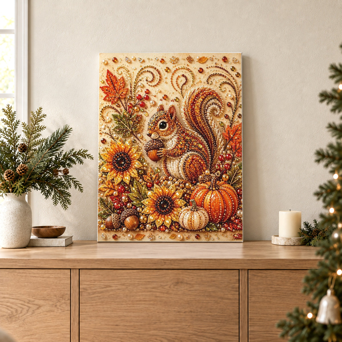 Ardilla otoñal con girasoles y calabazas