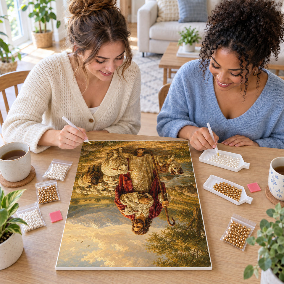 Two friends creating one shared Pearl artwork — Jesus the Good Shepherd with a Lamb. Pearl diamond painting DIY kit by Isuvio.