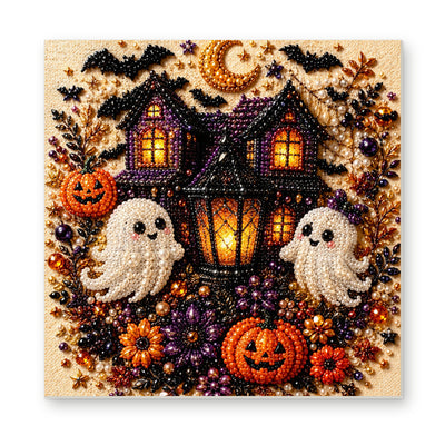 Straight dimensional white-background mockup of the complete artwork — Haunted House with Friendly Ghosts and Pumpkins. Pearl diamond painting DIY kit by Isuvio.